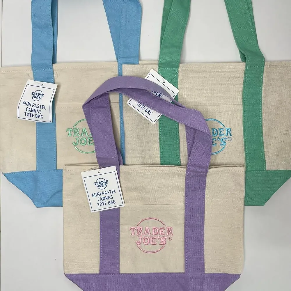 Set of 4! — Trader Joe’s Canvas Tote Bags — Large Size NAVY BLUE + Mini PASTELS!
